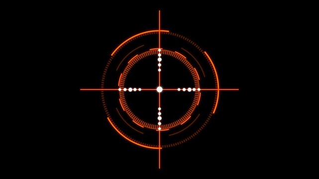 A glowing orange electronic cross hair and circular target HUD interface pulse on a black background. Ideal for Sofia video games, security system visuals, and technology video.