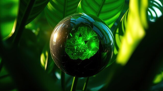 Glowing orb rests amid lush foliage. Dark background emphasizes vibrant green light emanating from within spherical object. Mysterious, organic.