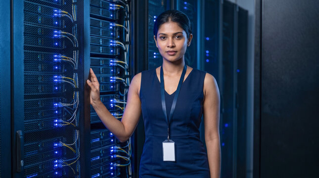 Female IT Specialist Standing Beside Server Rack in Data Center