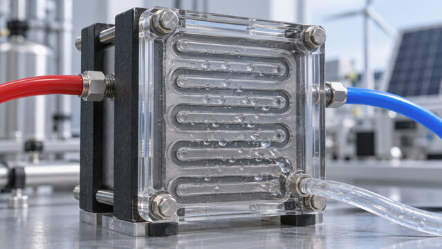 Transparent electrochemical cell with red and blue tubing in clean energy laboratory setting