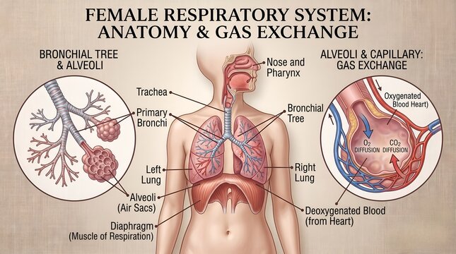Female respiratory system anatomy and alveoli gas exchange diagram with lungs on textured background