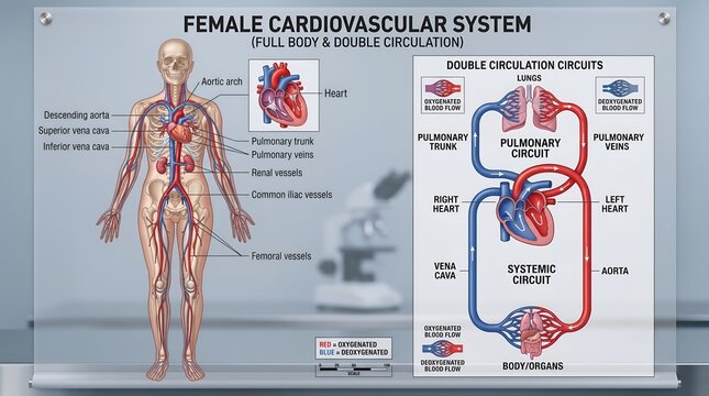 Female cardiovascular system full body and double circulation diagram on presentation board in clinic