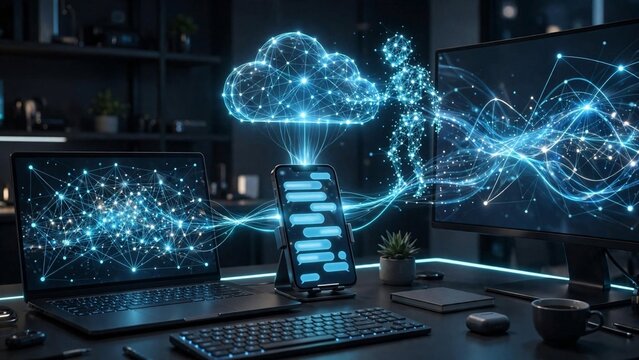 Futuristic digital artwork showcasing neural network connectivity with cloud computing across various devices in a modern office setting for tech innovation and AI development concepts