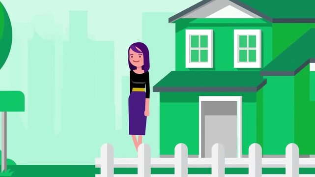 Animated woman waving hello outside house with white fence in vector motion graphics stock footage clip