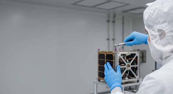 Aerospace Engineer Assembling Miniature CubeSat Satellite Inside Cleanroom Facility
