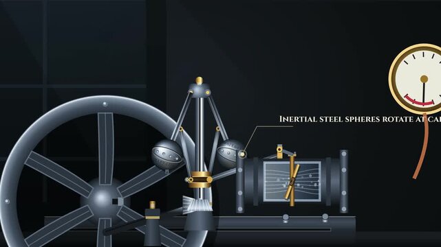 3D educational animation explaining the mechanics and operation of a centrifugal governor used in steam engines to regulate speed through inertial steel spheres and a butterfly valve