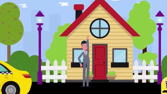 Businessman calling for yellow taxi cab in front of suburban house in motion animation vector clip