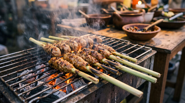 Fish sate lilit grilling over charcoal with lemongrass skewers and natural char, suitable for restaurant advertising, culinary tourism, recipe publishing and food culture campaigns.