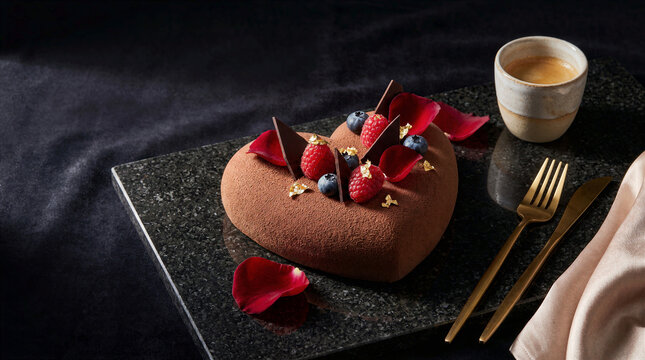 Heart Shaped Chocolate Mousse Cake Romantic Dessert Valentine Day Celebration Food Photography Elegant Gourmet Treat Dark Background Fresh Raspberries Blueberries Edible Gold Flakes Luxury Sweet Love