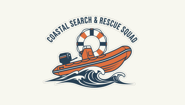 Coastal search and rescue boat floating on ocean waves in a badge