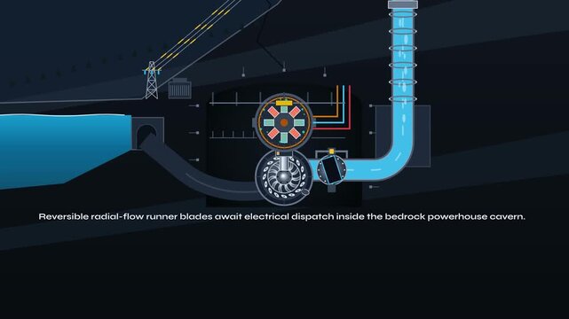 4K animation of a pumped-storage hydroelectric power plant illustrating the process of storing gravitational potential energy and generating electricity using a reversible turbine and water reservoir