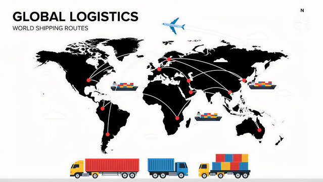 Global logistics map with shipping routes, cargo ships, airplanes, and trucks, illustrating international trade and supply chain networks