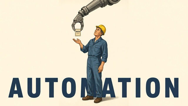 A mechanical robotic arm holding a small sign labeled job title above a worker in blue overalls, with the word automation written in large letters