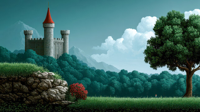 Retro pixel art landscape with castle among hills and trees during day