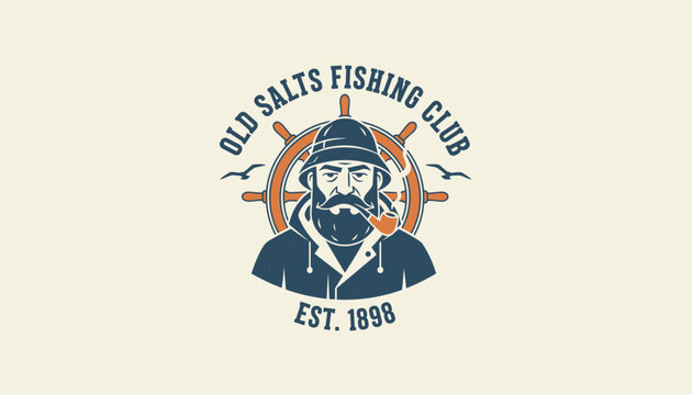 Fisherman logo with ship wheel and pipe on plain background