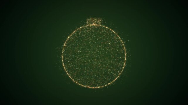 Golden particles gathering into a Christmas bauble ornament shape and scattering again on a deep green background