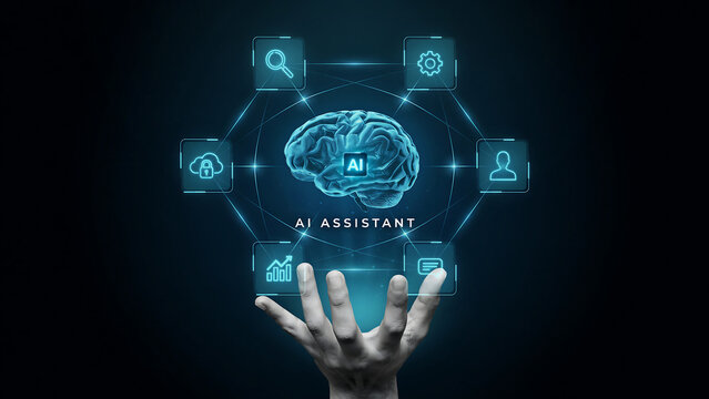 A human hand holding up a glowing digital interface with a brain in the center surrounded by various technology and business related