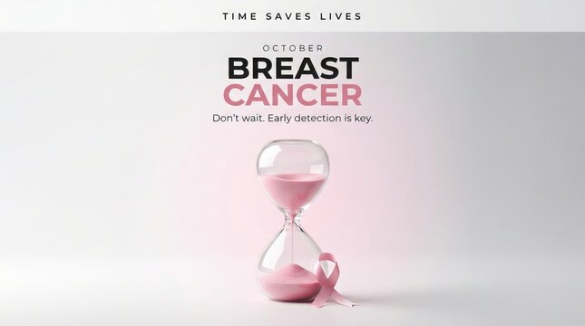 October awareness campaign displays pink ribbon, hourglass, and text highlighting the importance of early breast cancer detection, promoting health