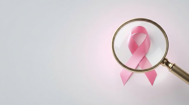 A delicate pink ribbon symbolizing breast cancer awareness carefully viewed through a magnifying glass, representing hope, research, and support for those affected, a concept for medical awareness