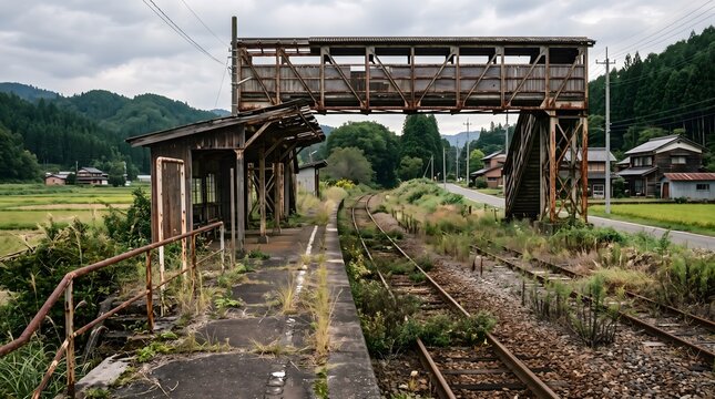 Abandoned Rural Japanese Train Station, Overgrown Tracks and Weathered Structures under Cloudy Sky, Rural Nostalgia.