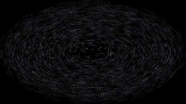 Snow particles swirling in a spinning vortex around the center of the frame on black background, winter whirlwind overlay