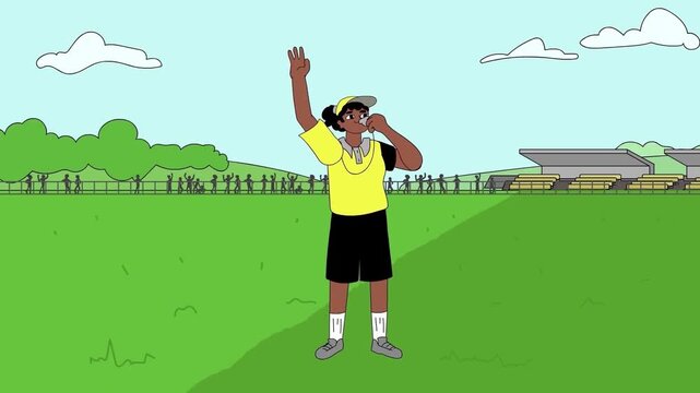 Animated soccer referee blowing whistle on green field during sports match video clip motion graphic