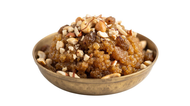 Traditional Indian Suji Halwa Dessert, Sweet Semolina Pudding with Cashews and Raisins, Brass Bowl Food Photography