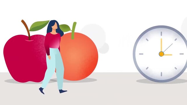Animated woman walking past giant fruits and a large clock in motion concept stock footage