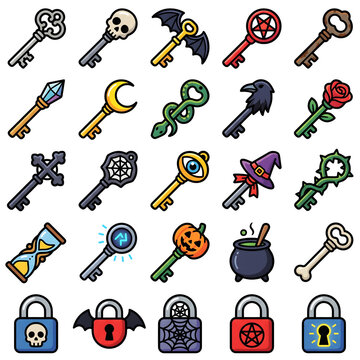Halloween Halloween magic keys and spooky padlocks cartoon icon set isolated on a white background. png