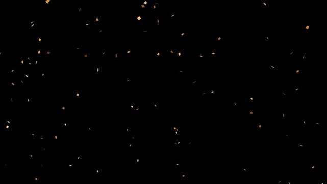 Falling shiny gold confetti isolated on transparent video black background. Bright festive tinsel color.