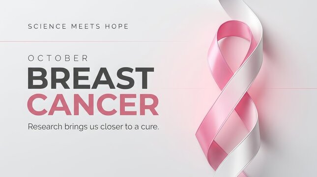 Elegant pink ribbon gracefully flowing over a white background, symbolizing awareness and hope, promoting breast cancer research, highlighting October's focus, conveying support and a positive message