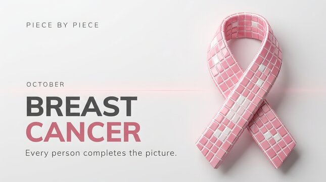 Pink and white ribbon artfully assembled piece by piece, representing breast cancer awareness, symbolizing hope, support, and the collective effort to fight this disease