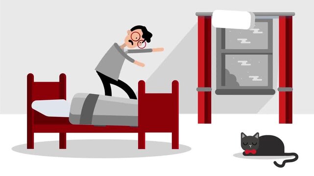 Man jumping on bed with pillow in bedroom illustration vector motion graphic clip