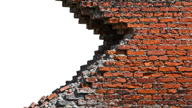 Cracked red brick wall with crumbling mortar, isolated on transparent background