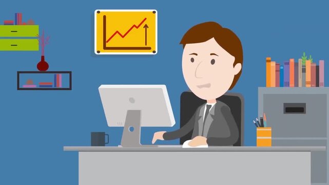 Animated businessman working at office desk with desktop computer in vector graphic style motion footage clip
