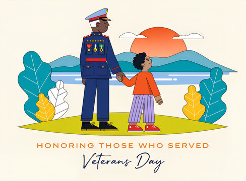 Veterans Day Vector Illustration of Senior Military Officer Holding Hands with Grandchild at Sunset with Honoring Those Who Served Text