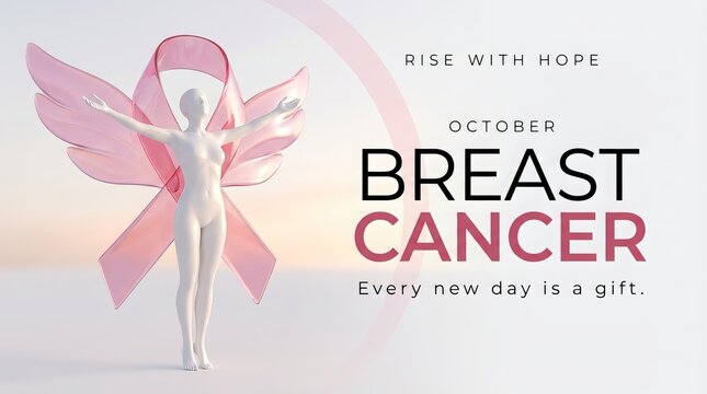 Elegant angel figure embraces pink ribbon, symbolizing hope and strength during Breast Cancer Awareness Month, rising above a sunrise backdrop for support