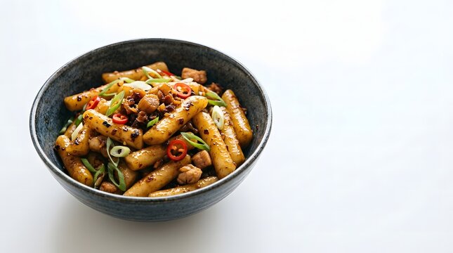 Glossy stir-fried Korean rice cakes with pork, red chili and spring onion in a dark ceramic bowl.