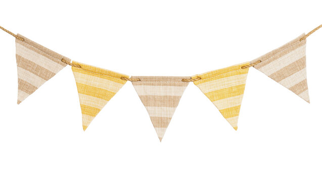 Striped fabric bunting flags strung on twine, isolated on transparent background