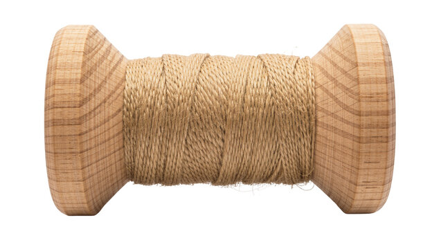 Wooden spool with tightly wound natural twine, isolated on transparent background