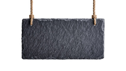 Rectangular dark slate sign with rough edges hanging by rope, isolated on transparent background © iPNGi