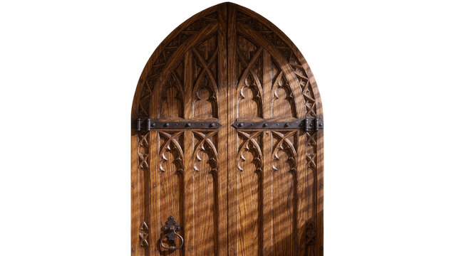 Ornate gothic wooden double doors with metal hinges, isolated on transparent background