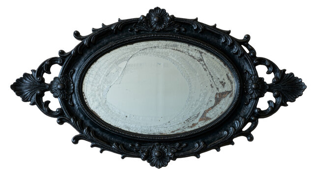 Ornate black baroque mirror with distressed glass, isolated on transparent background