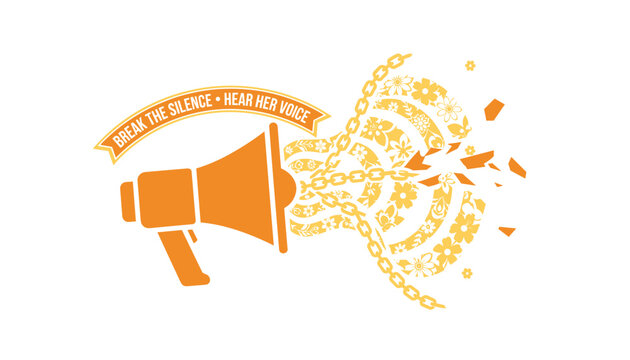Orange megaphone breaking chains with floral sound waves pattern