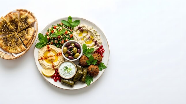 Mediterranean mezze platter with hummus, falafel, tabbouleh, baba ganoush, olives and za'atar pita bread.