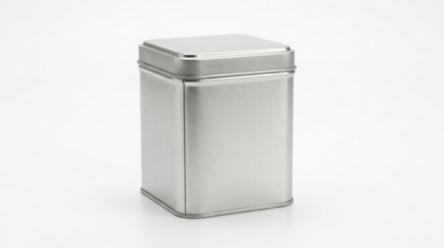 Empty silver metal tin box with a lid for food storage
