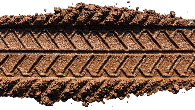 Muddy tire track impression with textured tread pattern, isolated on transparent background