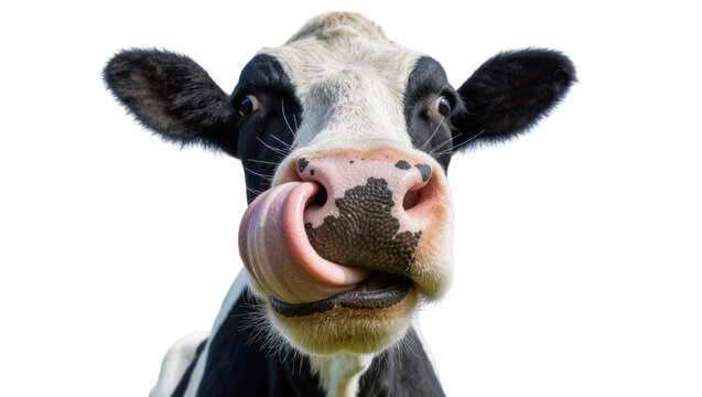 Black and white cow licking its nose, isolated on transparent background