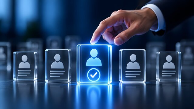 Business hand selecting a glowing user profile block with a checkmark representing ideal candidate recruitment and employee verification