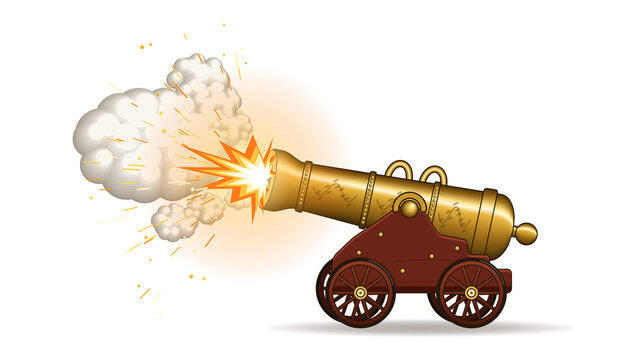 Ornate golden royal cannon firing with bright glow and sparks